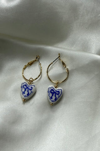Blue Bow Ceramic Heart Drop Hoop Earrings