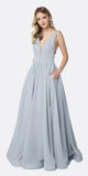 Juliet 201 Plunging V-Neckline Long Glitter Dress A-Line