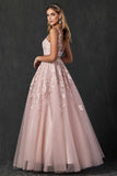 Juliet 224 V-Neck and Back Embroidered Tulle A-Line Ball Gown