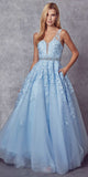 Juliet 224 V-Neck and Back Embroidered Tulle A-Line Ball Gown