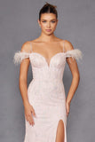 Juliet 2402 Glitter Leaf Sequin Gown with Feathered Sleeves and Slit