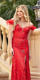 Juliet 2402 Glitter Leaf Sequin Gown with Feathered Sleeves and Slit