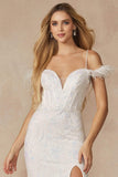 Juliet 2402 Glitter Leaf Sequin Gown with Feathered Sleeves and Slit