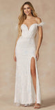 Juliet 2402 Glitter Leaf Sequin Gown with Feathered Sleeves and Slit