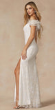 Juliet 2402 Glitter Leaf Sequin Gown with Feathered Sleeves and Slit
