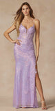 Juliet 2405 Machine Sequin Lace Embellishments High Slit Prom Gown