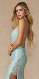 Juliet 2405 Machine Sequin Lace Embellishments High Slit Prom Gown