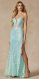 Juliet 2405 Machine Sequin Lace Embellishments High Slit Prom Gown