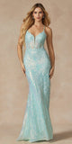 Juliet 2405 Machine Sequin Lace Embellishments High Slit Prom Gown