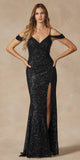 Juliet 2410 Long Off the Shoulder Sequin Gown with Skirt Slit