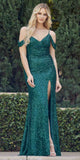 Juliet 2410 Long Off the Shoulder Sequin Gown with Skirt Slit