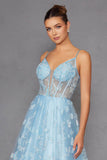 Juliet 2413 Long Butterfly Glitter Embroidered A-Line Gown with Corset Top