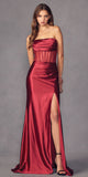 Juliet 2416 Floor Length Strapless Sheer Boned Bodice Slit Satin Dress