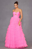 Juliet JT2456H Long Strapless Keyhole Tiered Ruffled Tulle A-Line Gown