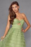 Juliet JT2456H Long Strapless Keyhole Tiered Ruffled Tulle A-Line Gown