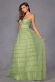 Juliet JT2456H Long Strapless Keyhole Tiered Ruffled Tulle A-Line Gown