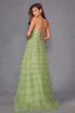 Juliet JT2456H Long Strapless Keyhole Tiered Ruffled Tulle A-Line Gown
