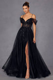 Juliet JT2466A Long Cold Shoulder Sweetheart Corset Bodice A-Line Gown