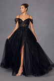 Juliet JT2466A Long Cold Shoulder Sweetheart Corset Bodice A-Line Gown