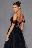 Juliet JT2466A Long Cold Shoulder Sweetheart Corset Bodice A-Line Gown