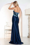Juliet JT2496A Strapless Floral Embroidered Bodice Fitted Formal Gown