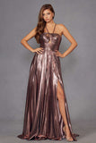 Juliet JT2503A Long Halter A-Line Pleated Metallic Gown