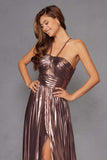 Juliet JT2503A Long Halter A-Line Pleated Metallic Gown