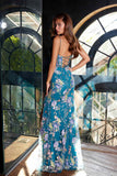 Juliet JT2505A Long Floral Applique Fitted Print Gown
