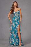 Juliet JT2505A Long Floral Applique Fitted Print Gown