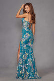 Juliet JT2505A Long Floral Applique Fitted Print Gown