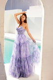 Juliet JT2507A Long Strapless Sweetheart Print Tiered Skirt Gown
