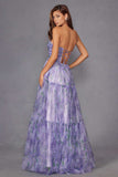 Juliet JT2507A Long Strapless Sweetheart Print Tiered Skirt Gown