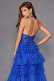 Juliet JT2556S Halter V-Neckline Layered Tulle Slit A-Line Gown