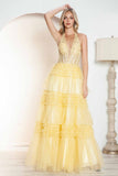 Juliet JT2556S Halter V-Neckline Layered Tulle Slit A-Line Gown