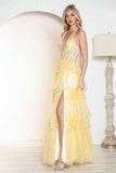Juliet JT2556S Halter V-Neckline Layered Tulle Slit A-Line Gown
