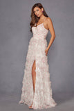 Juliet JT2572U Long Ruffled Layered Skirt Print Formal Gown