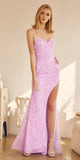 Juliet 266 Embroidered Lace Fitted Evening Dress Side Slit