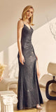 Juliet 273 Long Sequin Gown with V-neck and Slit
