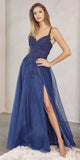 Juliet 283 3D Flowers Embroidered Tulle Glitter Skirt High Slit