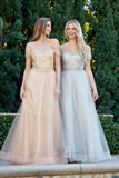 Juliet 287 Long Off the Shoulder Beaded Top A-Line Prom Dress