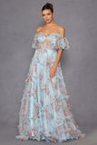 Juliet JT2887C Whimsy Sweetheart Off Shoulder Ruffled A-Line Print Gown