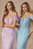 Juliet 288 Long Off the Shoulder Feather Strap Fitted Glitter Print Gown