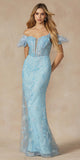 Juliet 288 Long Off the Shoulder Feather Strap Fitted Glitter Print Gown