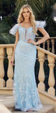 Juliet 288 Long Off the Shoulder Feather Strap Fitted Glitter Print Gown