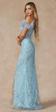 Juliet 288 Long Off the Shoulder Feather Strap Fitted Glitter Print Gown