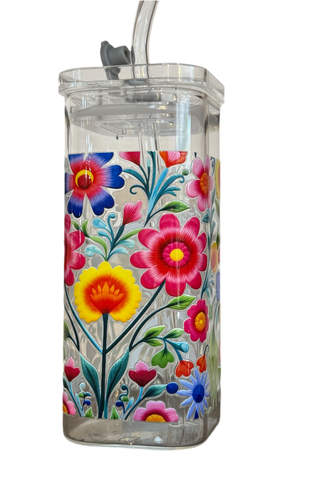 KJ Kreations Mexican Flower Print Glass Cup