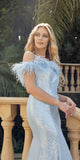 Juliet 292 Long Feather Neckline Off the Shoulder High Slit Prom Gown