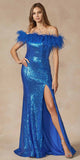 Juliet 292 Long Feather Neckline Off the Shoulder High Slit Prom Gown