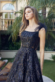 Juliet 297 Floor Length Feathered Cap Sleeve Patterned Sequin A-Line Gown