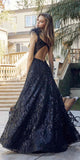 Juliet 297 Floor Length Feathered Cap Sleeve Patterned Sequin A-Line Gown